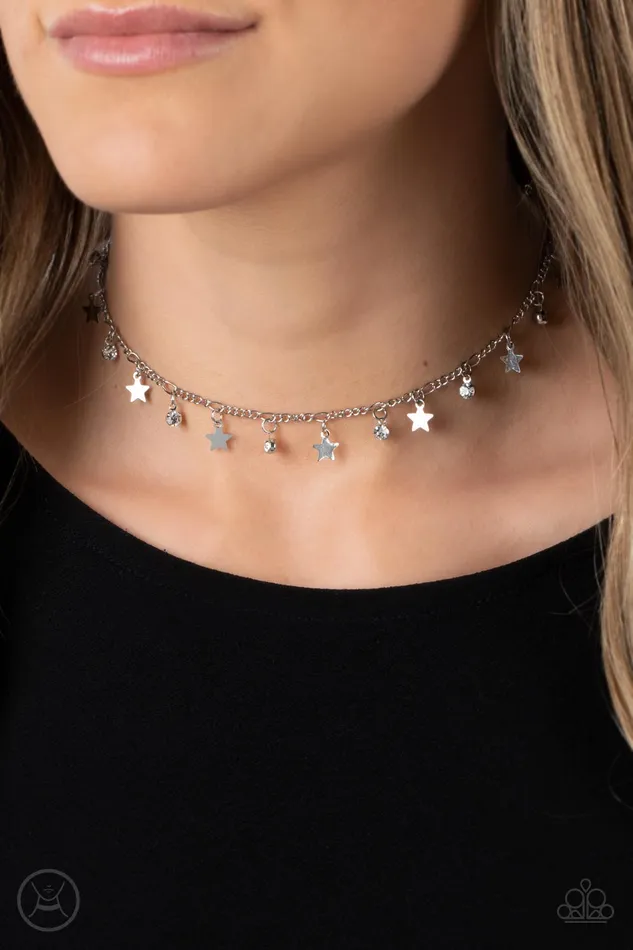 Paparazzi Accessories Necklaces Little Lady Liberty White Rhinestone Silver Star Choker Necklace Paparazzi