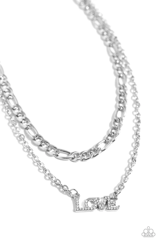 Paparazzi Accessories Necklaces Lovely Layers White Rhinestone LOVE Silver Layered Short Necklace Paparazzi Paparazzi Accessories Necklaces Lovely Layers White Rhinestone LOVE Silver Layered Short Necklace Paparazzi