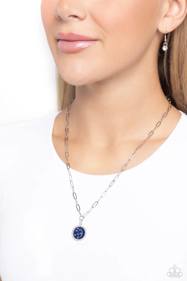 Paparazzi Accessories Necklaces Lunar Liaison Blue Iridescent Star Moon Silver Short Necklace Paparazzi
