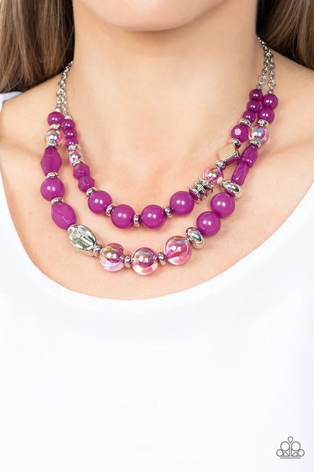 Paparazzi Accessories Necklaces Mere Magic Purple Iridescent and Silver Bead Layered Necklace Paparazzi
