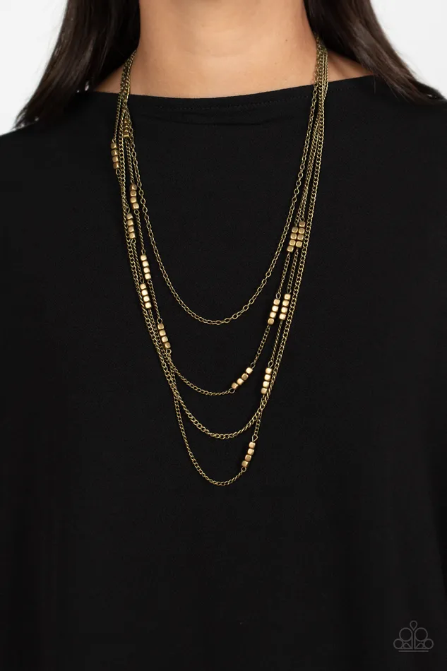 Paparazzi Accessories Necklaces Metallic Monarch Brass Cube Bead Layered Long Necklace Paparazzi