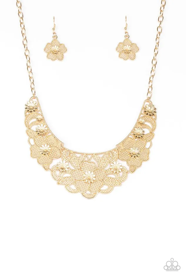 Paparazzi Accessories Necklaces Paparazzi Petunia Paradise Gold Floral Statement Plate Necklace Paparazzi Accessories Necklaces Paparazzi Petunia Paradise Gold Floral Statement Plate Necklace