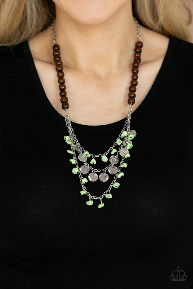 Paparazzi Accessories Necklaces Plains Paradise Green Stone Brown Wood Silver Layered Necklace Paparazzi