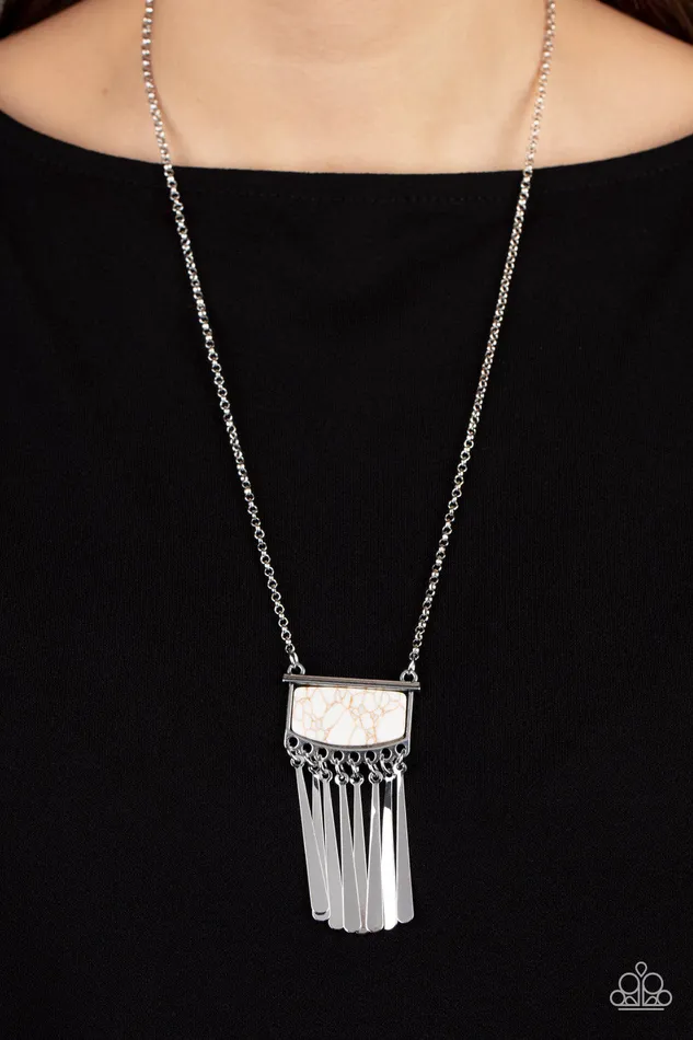 Paparazzi Accessories Necklaces Plateau Pioneer White Stone Silver Fringe Necklace Paparazzi