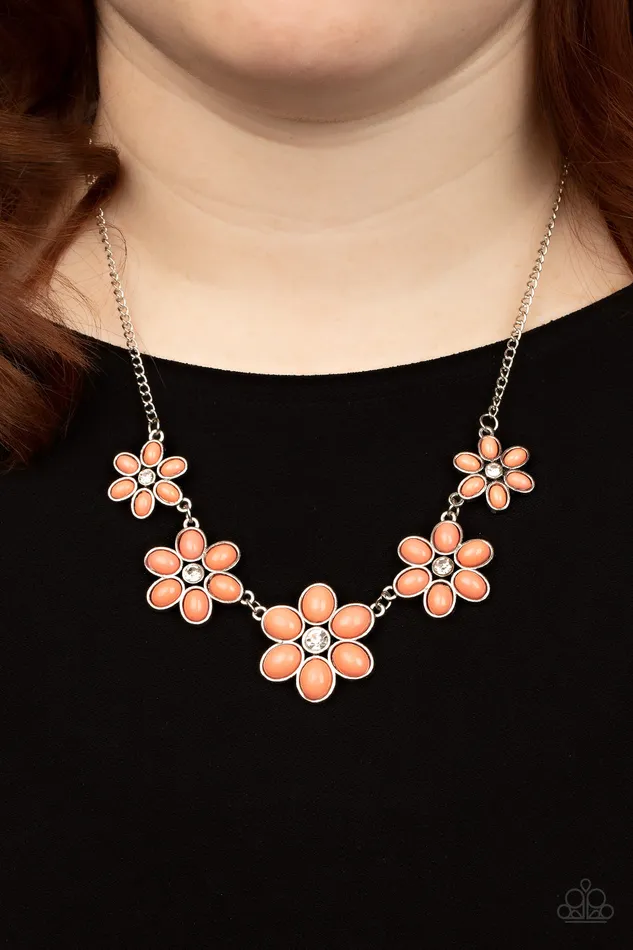 Paparazzi Accessories Necklaces Prairie Party Orange Coral Flower Rhinestone Silver Necklace Paparazzi