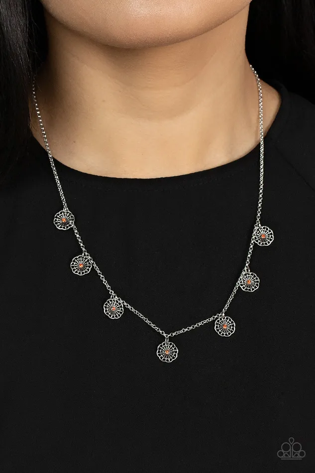 Paparazzi Accessories Necklaces Prairie Perennial Orange Rhinestone Silver Flower Necklace Paparazzi