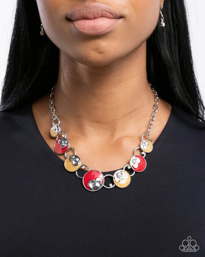 Paparazzi Accessories Necklaces PREORDER Blooming Bravado Red and Yellow Circle Silver Short Necklace Paparazzi
