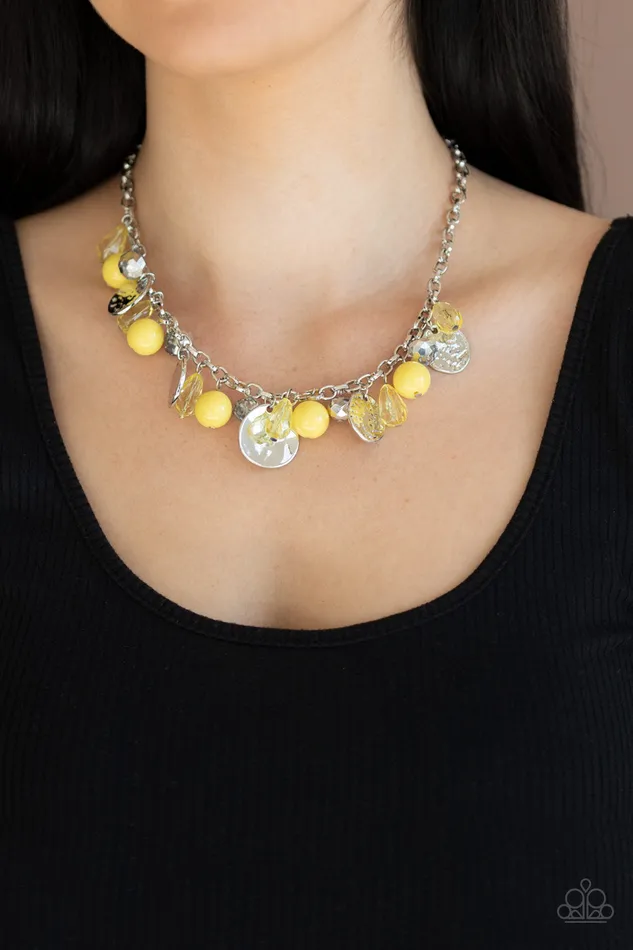 Paparazzi Accessories Necklaces Prismatic Sheen Yellow Bead Silver Disc Necklace Paparazzi