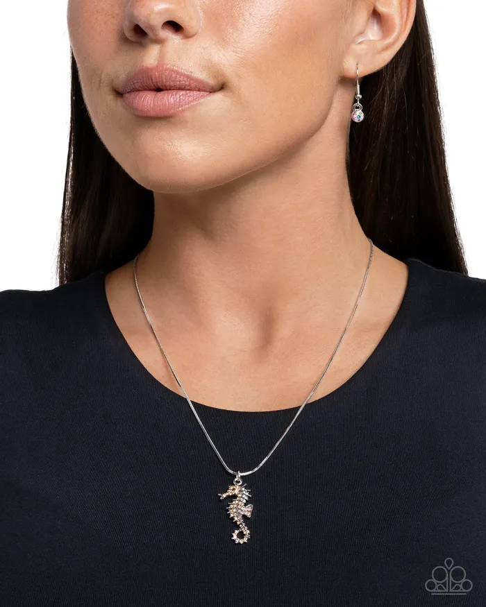 Paparazzi Accessories Necklaces Seahorse Shanty Orange Iridescent Rhinestone Silver Short Necklace Paparazzi