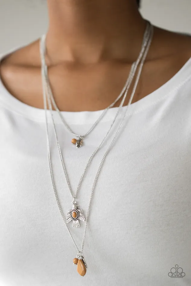 Paparazzi Accessories Necklaces Soar With The Eagles Brown Feather Charm Silver Necklace Paparazzi