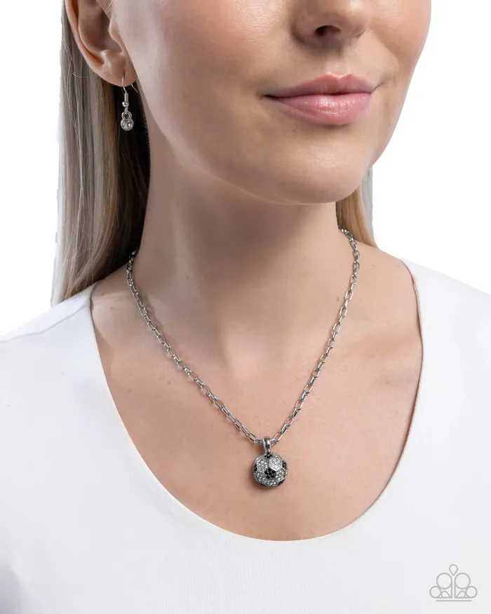 Paparazzi Accessories Necklaces Soccer Pitch Black and White Rhinestone Silver Sports Short Necklace Paparazzi