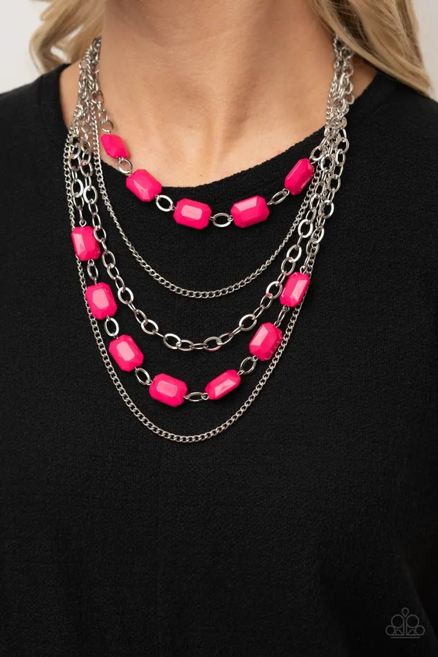 Paparazzi Accessories Necklaces Standout Strands Pink Bead Silver Layered Necklace Paparazzi