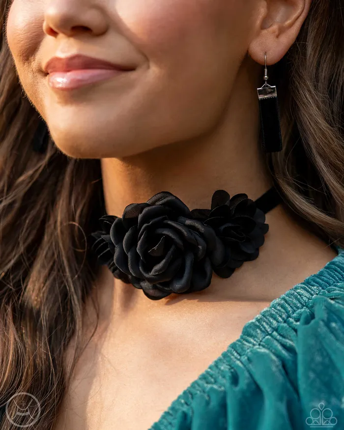 Paparazzi Accessories Necklaces Very Viscountess Black Fabric Rose Flower Choker Necklace 2024 Week 1 EMP Exclusive Paparazzi