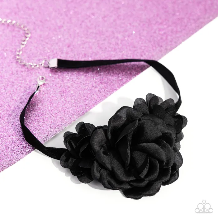 Paparazzi Accessories Necklaces Very Viscountess Black Fabric Rose Flower Choker Necklace 2024 Week 1 EMP Exclusive Paparazzi
