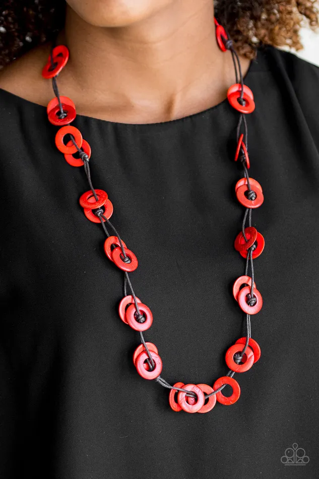 Paparazzi Accessories Necklaces Waikiki Winds Red Wood Disc Corded Necklace Paparazzi