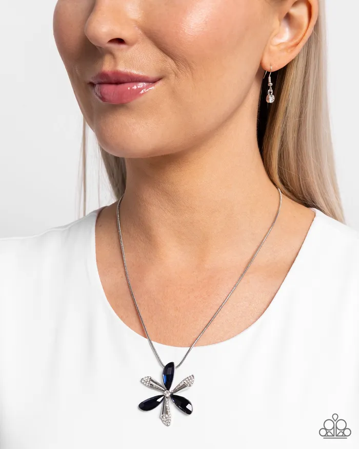 Paparazzi Accessories Potent Pattern Blue Gem White Rhinestone Silver Flower Short Necklace Paparazzi Necklaces
