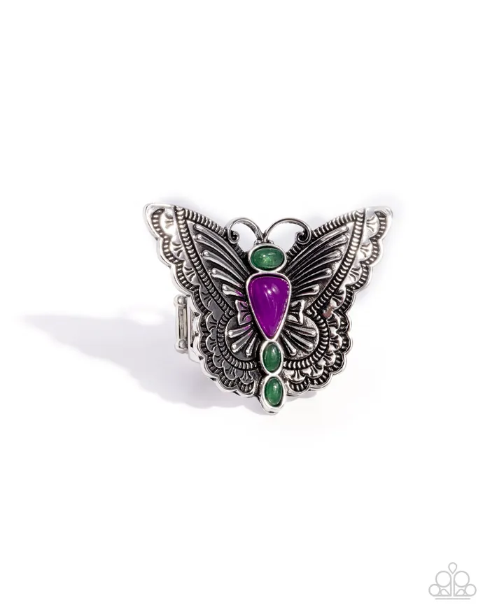 Paparazzi Accessories Rings Adolescent Aerial Purple and Jade Stone Silver Butterfly Ring Paparazzi