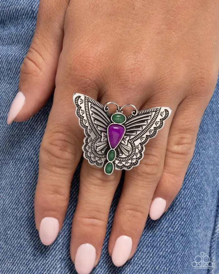 Paparazzi Accessories Rings Adolescent Aerial Purple and Jade Stone Silver Butterfly Ring Paparazzi