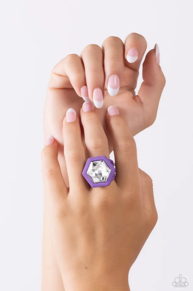 Paparazzi Accessories Rings Changing Class Purple Hexagon White Gem Ring Paparazzi
