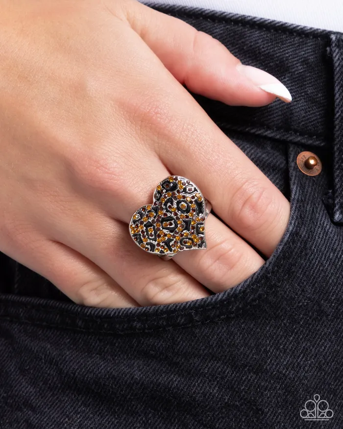 Paparazzi Accessories Rings Cheetah Cameo Brown Animal Print Rhinestone Silver Heart Ring Paparazzi