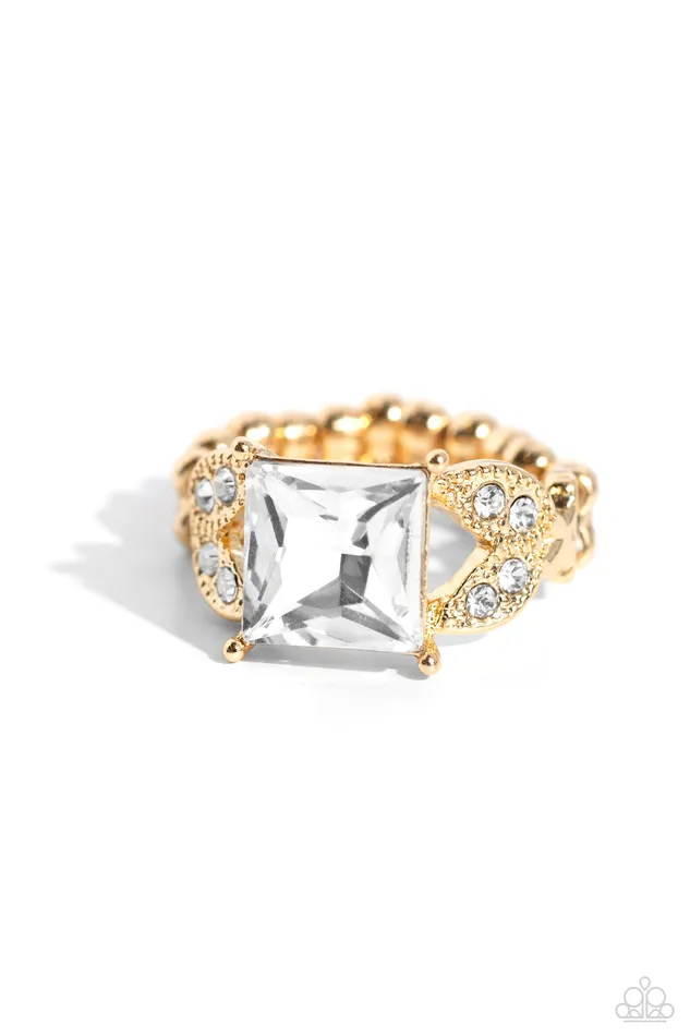 Paparazzi Accessories Rings Deluxe Drama Gold White Gem Ring Paparazzi