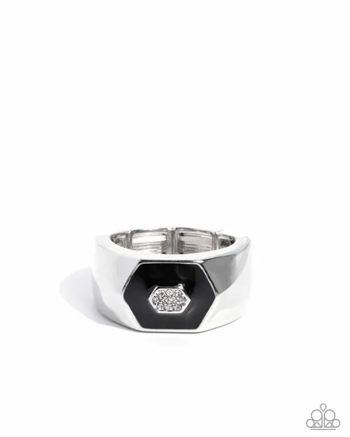 Paparazzi Accessories Rings Hexagonal Headliner Black Silver Mens Ring Paparazzi