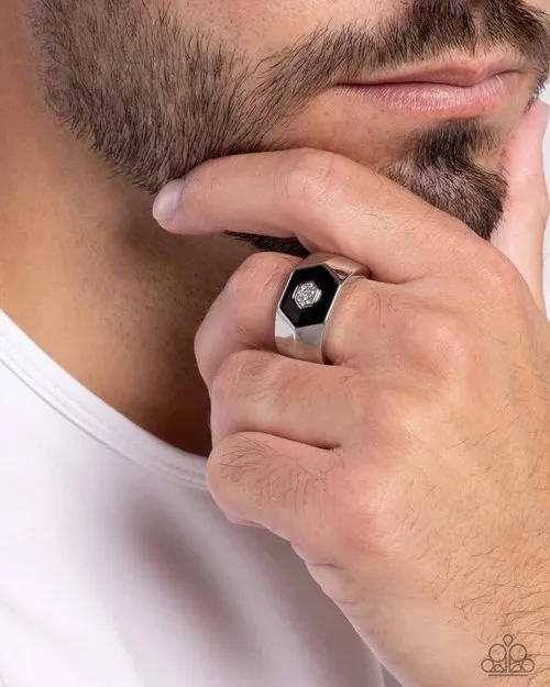 Paparazzi Accessories Rings Hexagonal Headliner Black Silver Mens Ring Paparazzi