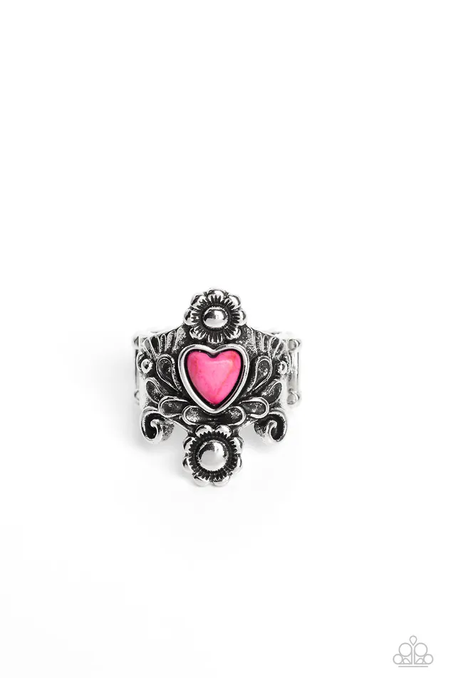 Paparazzi Accessories Rings Trailblazing Tribute Pink Heart Stone Center Silver Floral Ring Paparazzi Paparazzi Accessories Rings Trailblazing Tribute Pink Heart Stone Center Silver Floral Ring Paparazzi