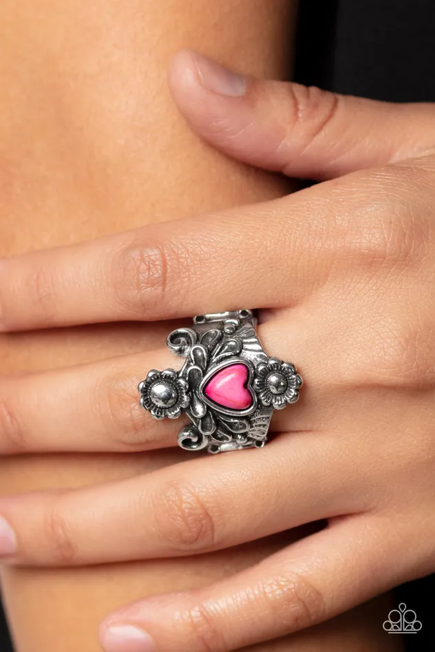 Paparazzi Accessories Rings Trailblazing Tribute Pink Heart Stone Center Silver Floral Ring Paparazzi