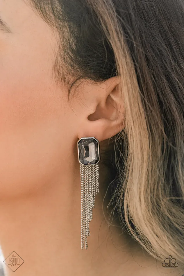 Paparazzi Accessories Save for a REIGNy Day Silver Smoky Gem Post Earrings Fashion Fix Exclusive January 2021 Paparazzi Earrings