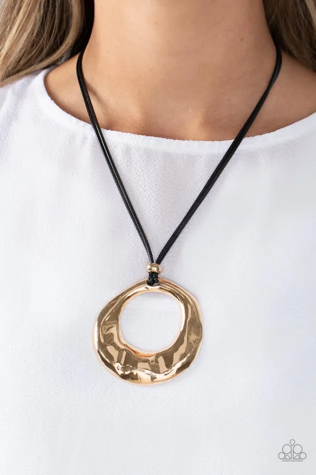 Paparazzi Accessories Tectonic Treasure Gold Circle Black Cord Necklace Paparazzi Necklaces