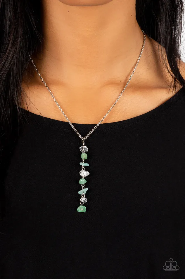 Paparazzi Accessories Tranquil Tidings Green Jade Stone Pebbles Silver Y Necklace Paparazzi Necklaces