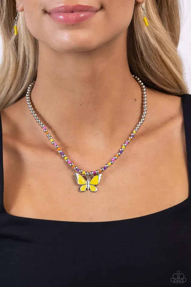 Paparazzi Accessories Vibrant Flutter Yellow Butterfly Colorful Seed Bead Short Necklace Paparazzi Necklaces