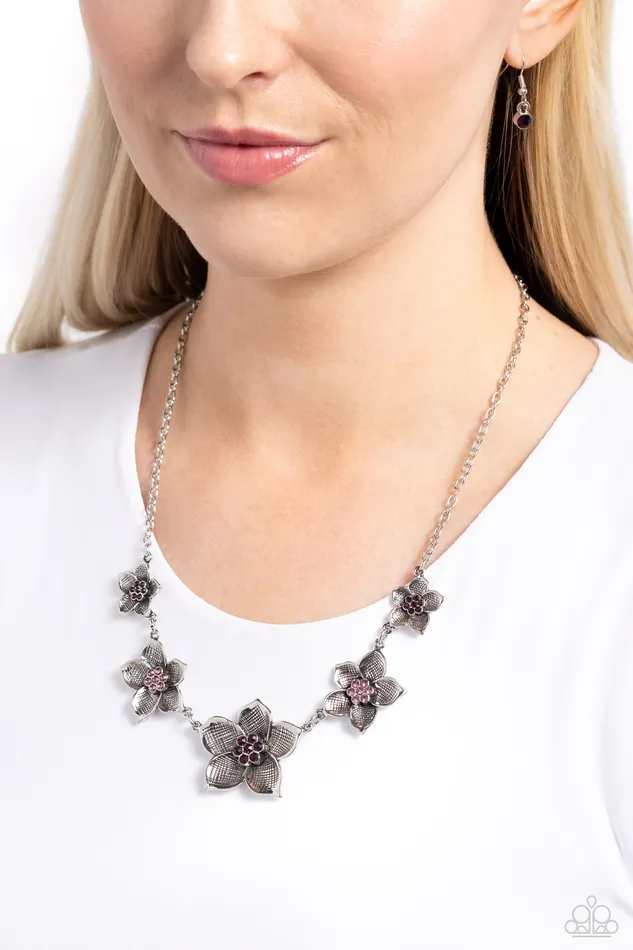 Paparazzi Accessories Wallflower Wonderland Purple Rhinestone Silver Flower Short Necklace Paparazzi Necklaces