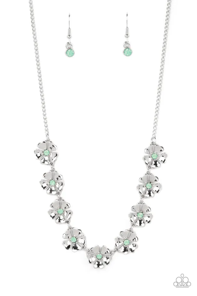 Petunia Palace Green Opaque Rhinestone Silver Flower Necklace Paparazzi Paparazzi Accessories Necklaces Petunia Palace Green Opaque Rhinestone Silver Flower Necklace Paparazzi Paparazzi Accessories Necklaces