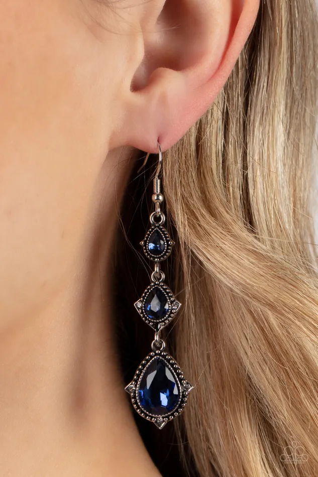 Prague Princess Blue Gem White Rhinestone Silver Earrings Paparazzi Paparazzi Accessories Earrings