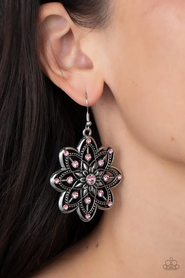 Prismatic Perennial Pink Rhinestone Silver Flower Earrings Paparazzi Paparazzi Accessories Earrings