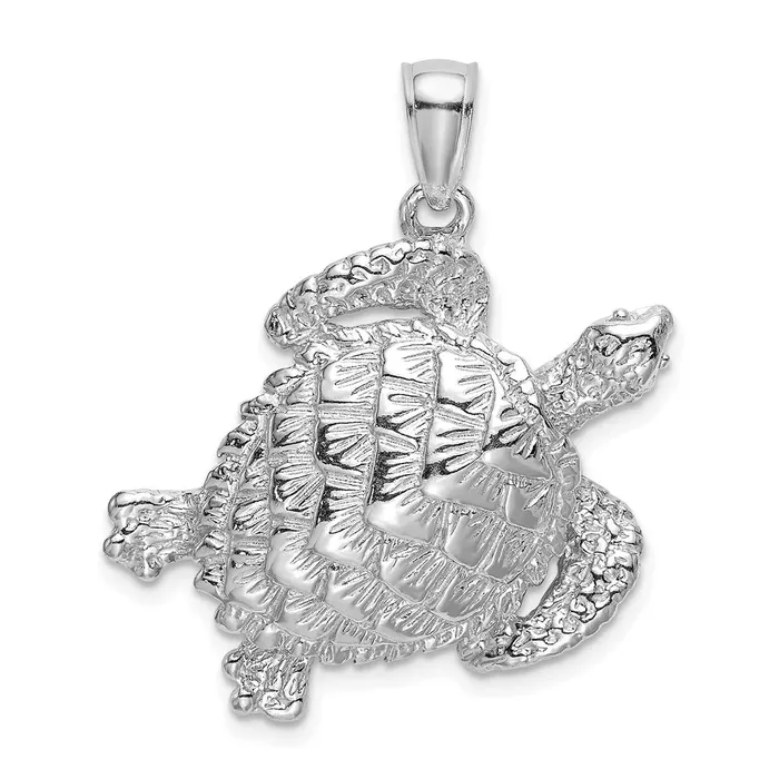 Qgold 14k White Gold 264 mm Textured Sea Turtle Charm 357 grams Charm Necklaces