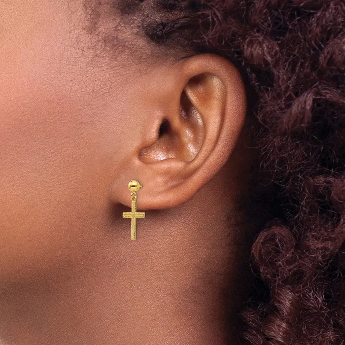 Qgold 14k Yellow Gold 10 mm Polished Satin Cross Dangle Earrings 077 grams Earrings Qgold 14k Yellow Gold 10 mm Polished Satin Cross Dangle Earrings 077 grams Earrings