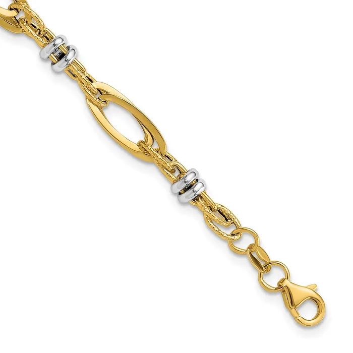 Qgold Bracelets 14k Twotone 56 mm Polished and Textured Fancy Link Bracelet 303 grams Qgold Bracelets 14k Twotone 56 mm Polished and Textured Fancy Link Bracelet 303 grams