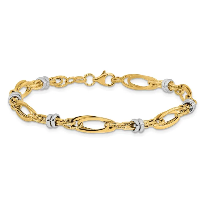Qgold Bracelets 14k Twotone 56 mm Polished and Textured Fancy Link Bracelet 303 grams Qgold Bracelets 14k Twotone 56 mm Polished and Textured Fancy Link Bracelet 303 grams