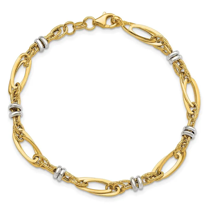 Qgold Bracelets 14k Twotone 56 mm Polished and Textured Fancy Link Bracelet 303 grams Qgold Bracelets 14k Twotone 56 mm Polished and Textured Fancy Link Bracelet 303 grams