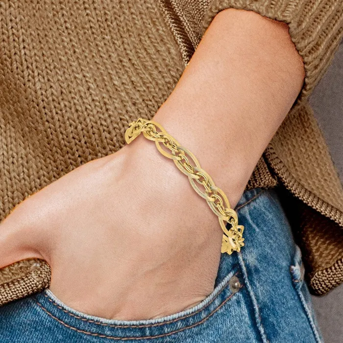 Qgold Bracelets 14k Yellow Gold 8 mm Polished and Grooved w 5 in ext Fancy Link Bracelet 556 grams Qgold Bracelets 14k Yellow Gold 8 mm Polished and Grooved w 5 in ext Fancy Link Bracelet 556 grams