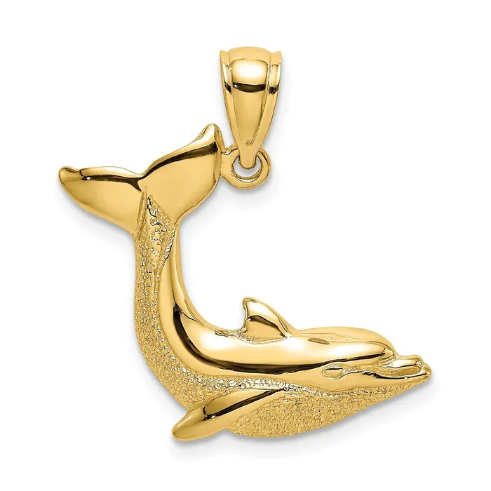 Qgold Charm Necklaces 14k Yellow Gold 24 mm 2D Textured Dolphin Jumping Charm 185 grams Qgold Charm Necklaces 14k Yellow Gold 24 mm 2D Textured Dolphin Jumping Charm 185 grams
