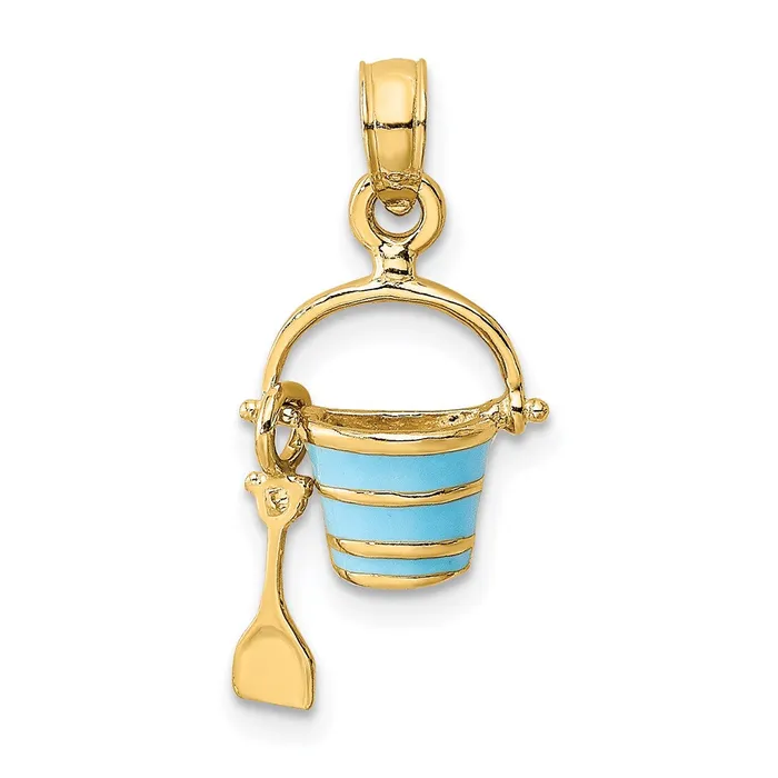 Qgold Charm Necklaces 14k Yellow Gold 965 mm 2D Aqua Enameled Beach Bucket wMoveable Shovel Charm 1 grams Qgold Charm Necklaces 14k Yellow Gold 965 mm 2D Aqua Enameled Beach Bucket wMoveable Shovel Charm 1 grams