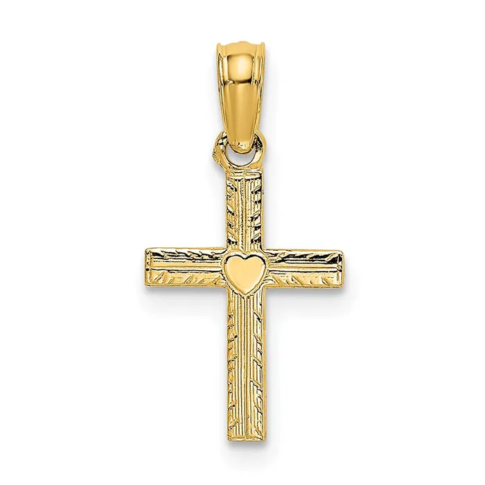 Qgold Charm Necklaces 14k Yellow Gold 9 mm Polished Mini Cross w Heart Charm 029 grams