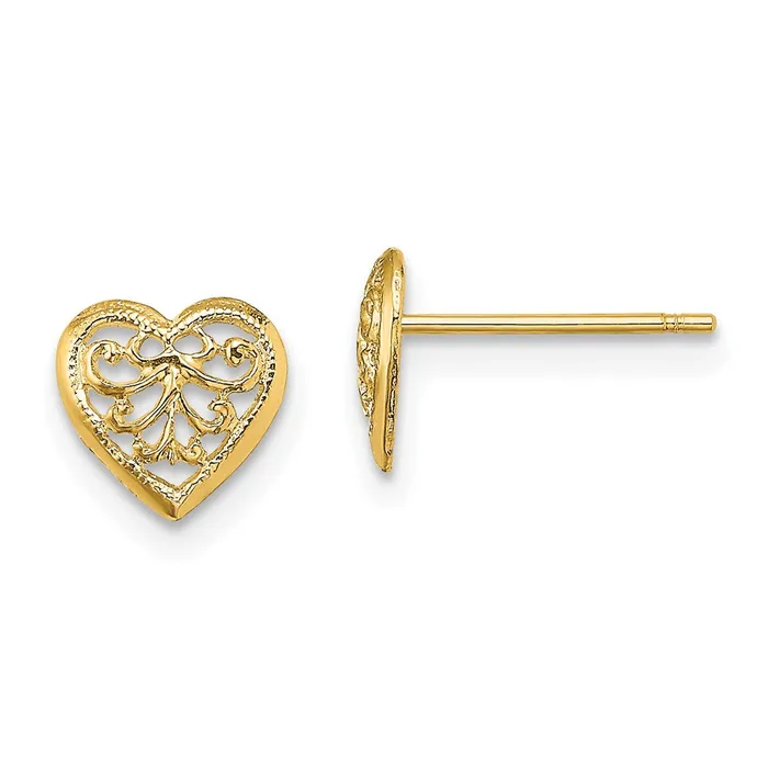 Qgold Earrings 10k Yellow Gold 764 mm Filigree Heart Post Earrings 061 grams Qgold Earrings 10k Yellow Gold 764 mm Filigree Heart Post Earrings 061 grams
