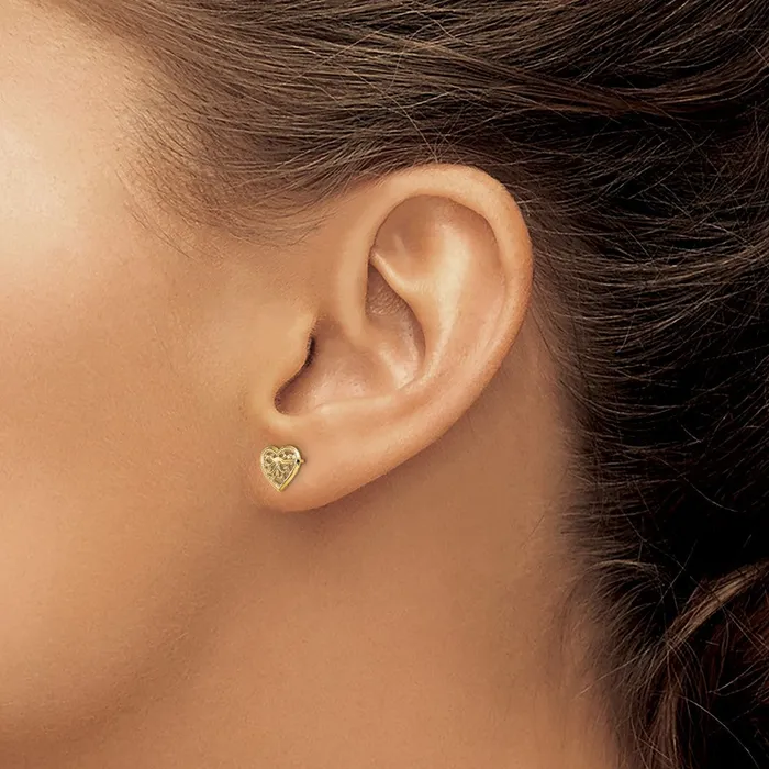 Qgold Earrings 10k Yellow Gold 764 mm Filigree Heart Post Earrings 061 grams Qgold Earrings 10k Yellow Gold 764 mm Filigree Heart Post Earrings 061 grams