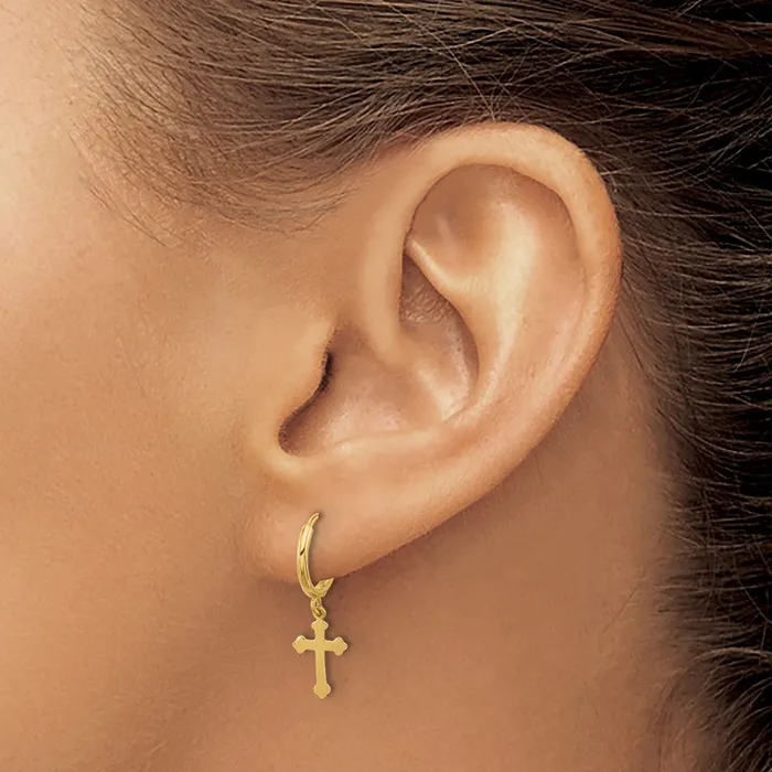 Qgold Earrings 14k Yellow Gold 71 mm Hinged Dangle Cross Hoop Earrings 084 grams