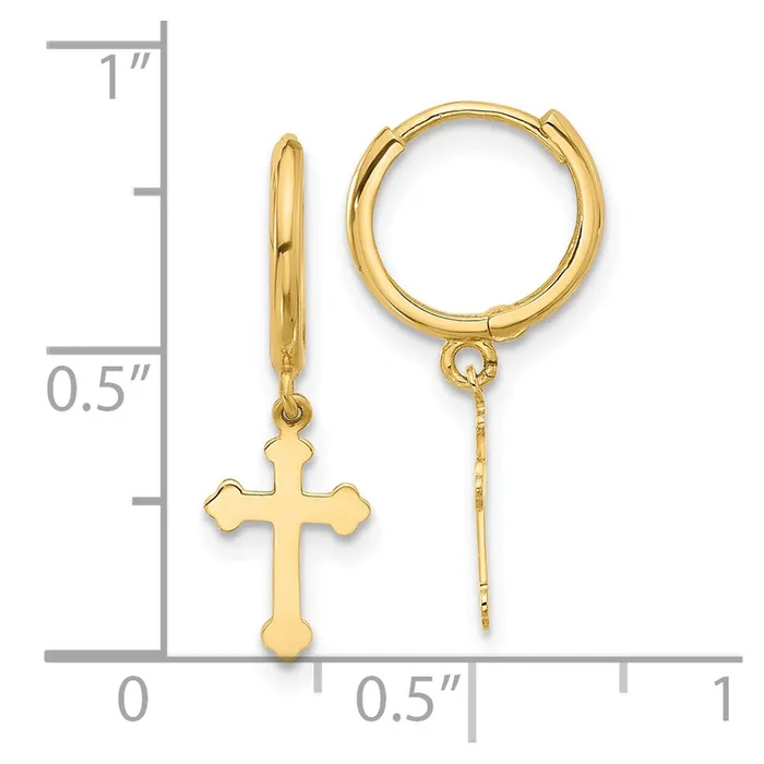 Qgold Earrings 14k Yellow Gold 71 mm Hinged Dangle Cross Hoop Earrings 084 grams